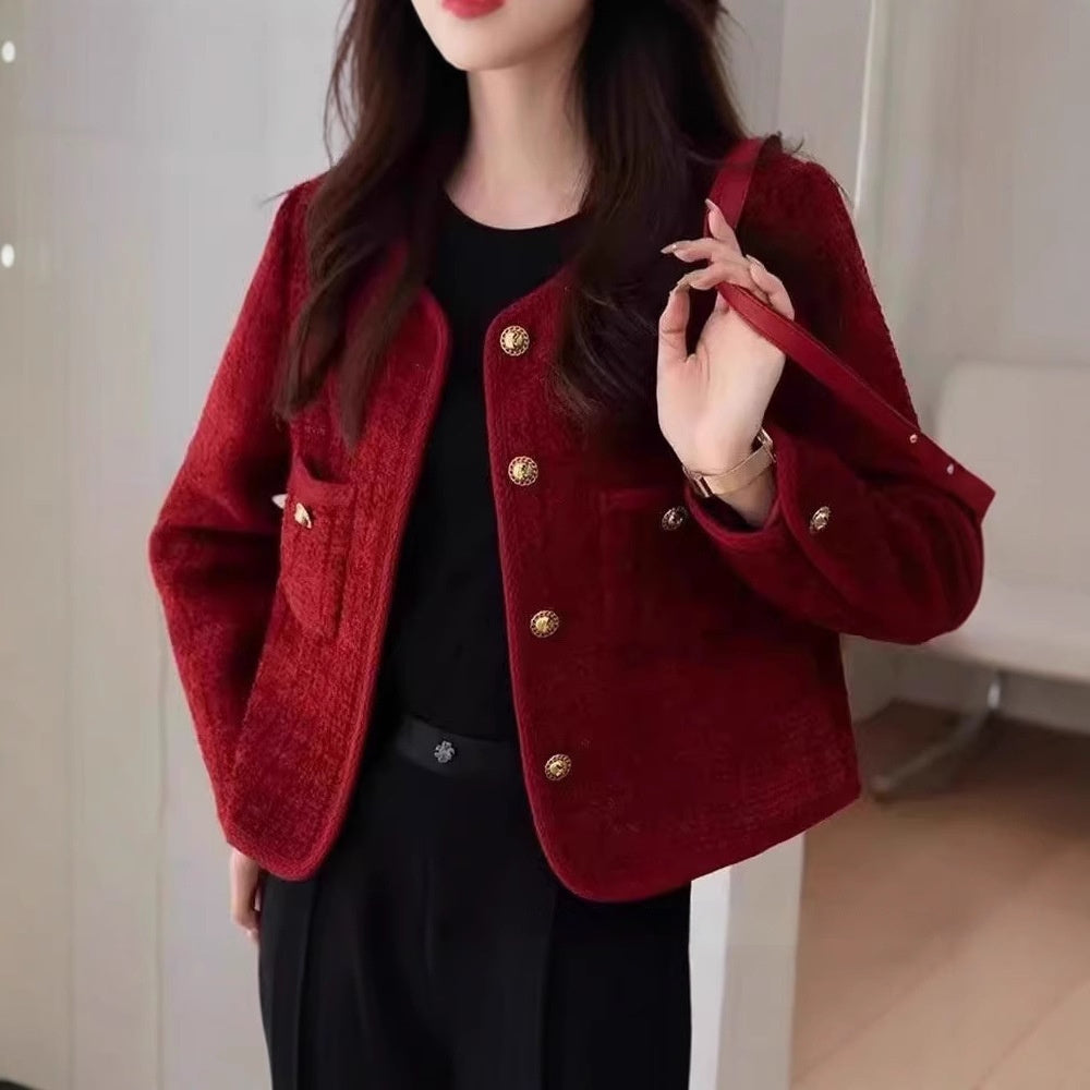 Wine Red Coat French Style Temperament Socialite
