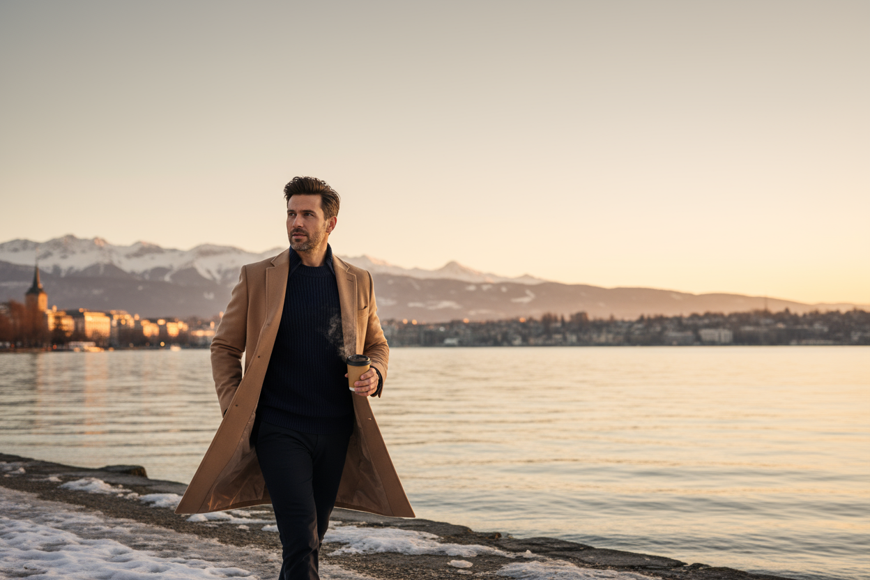1200x628 piksel yatay kompozisyon. Zürih’te kış sonu veya erken bahar havası, hafif kar kalıntıları ve altın tonlu güneş ışığı. Arka planda Alpler silueti, göl kenarında sıcak ışıklar yansıyan şehir atmosferi. Ön planda modern ve karizmatik bir erkek, üzerinde yün kazak veya kaşmir kaban. Doğal, özgüvenli poz, etrafında hafif hareket — belki kahve bardağı, yürürken esen rüzgâr. Renk paleti sıcak bej, kahverengi, lacivert ve altın tonları. Gerçekçi, sinematik moda çekimi tarzında, slider için üst kısımda yaz