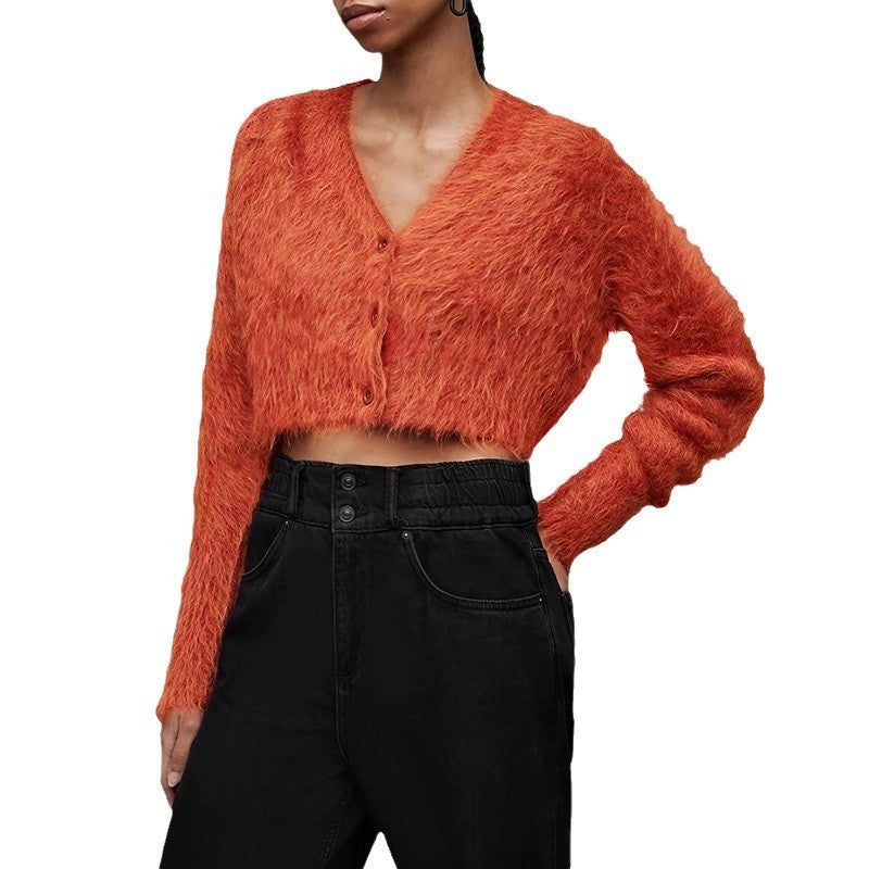 Women's V-neck Single Breasted Mink Solid Color Short Commuter Sweater