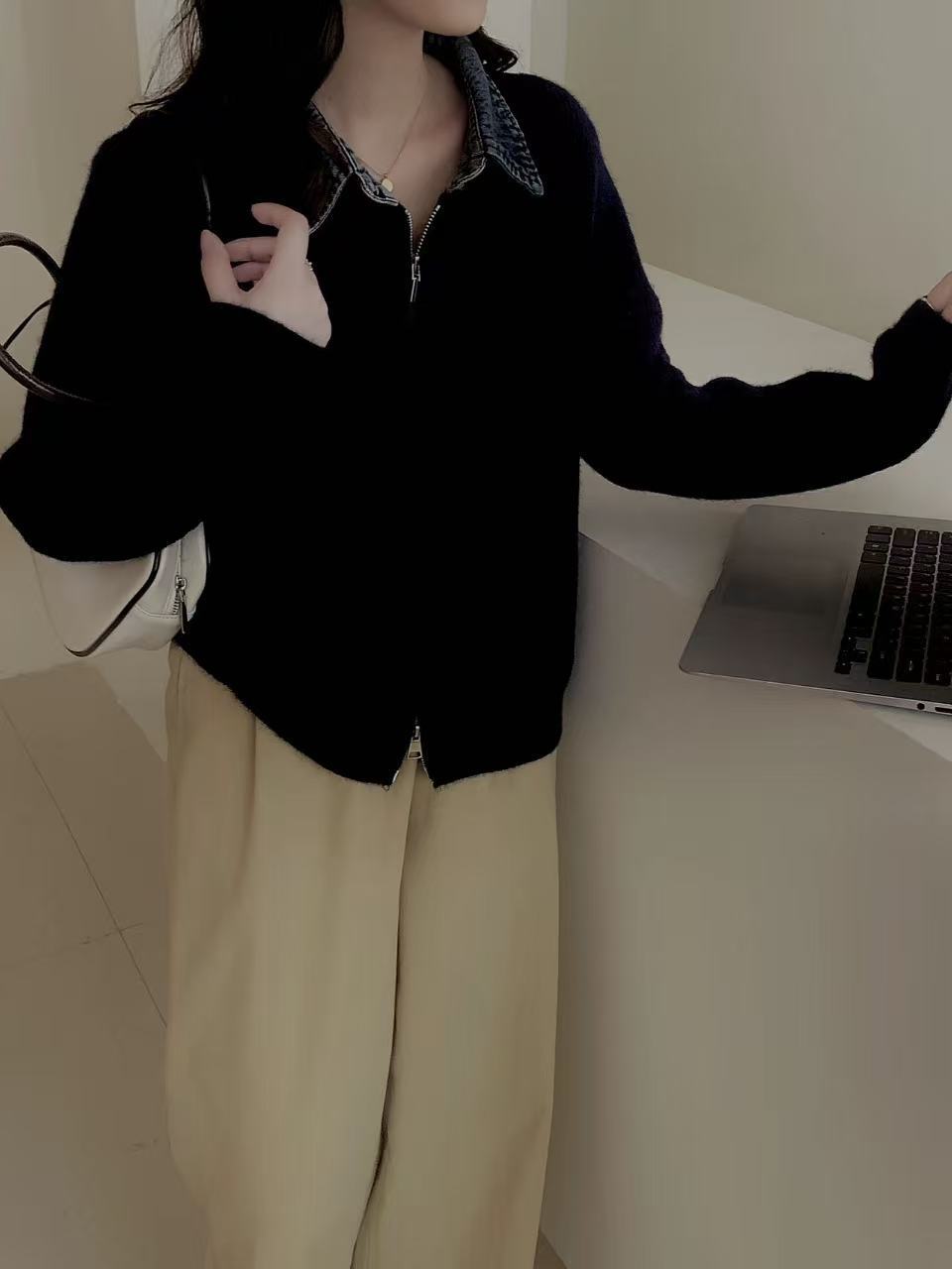 False Two-piece High Quality Denim Patchwork Knitted Sweater