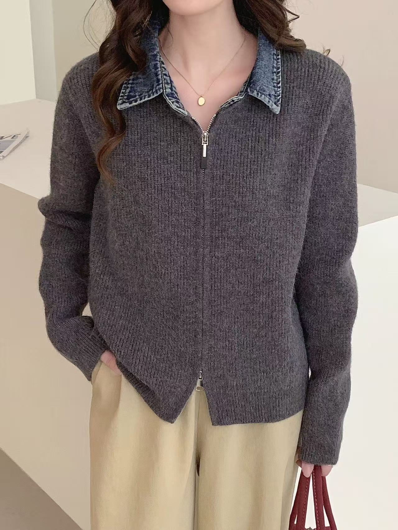 False Two-piece High Quality Denim Patchwork Knitted Sweater