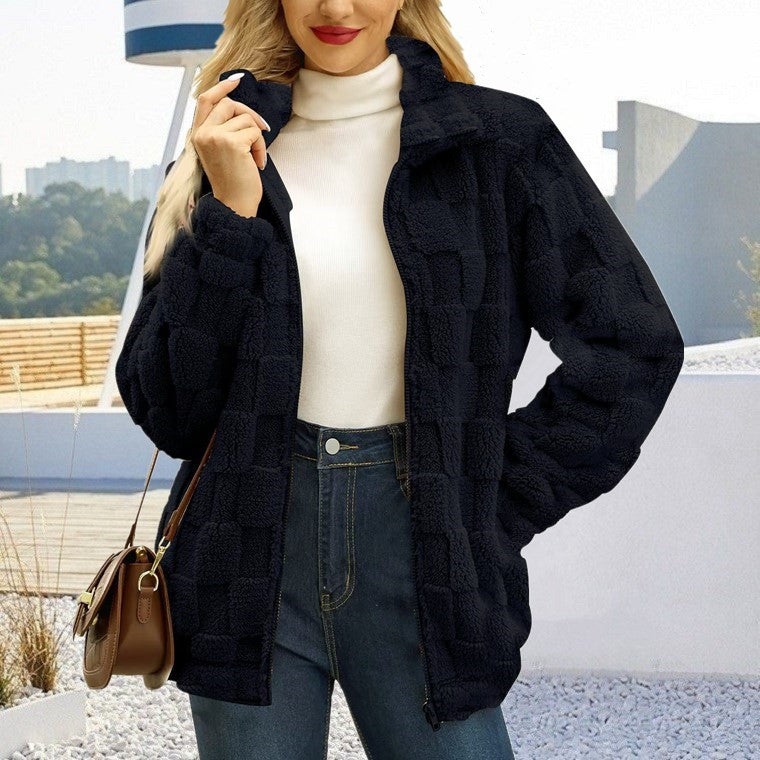 Women's Zipped Stand Collar Loose Jacquard Square Plaid Plush Coat
