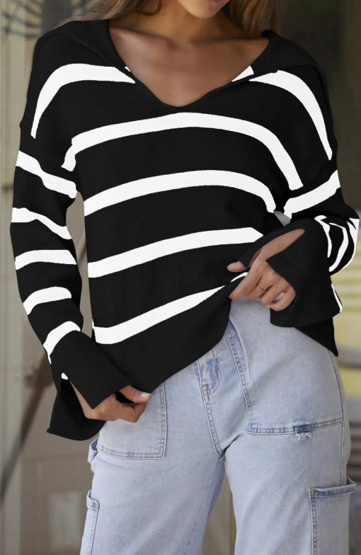 Black Caped V Neck Slit Sleeve Striped Solid Sweater