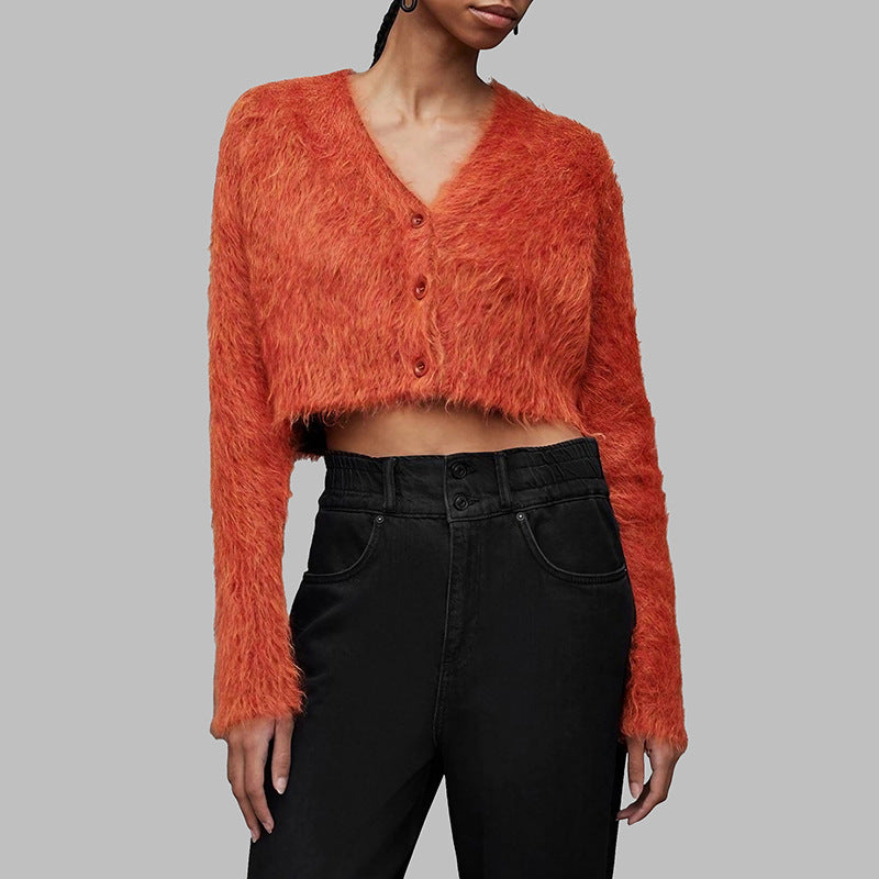 Women's V-neck Single Breasted Mink Solid Color Short Commuter Sweater