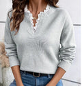Fashionable Lace V-neck Sweater Solid Color Loose Long Sleeves Knitwear