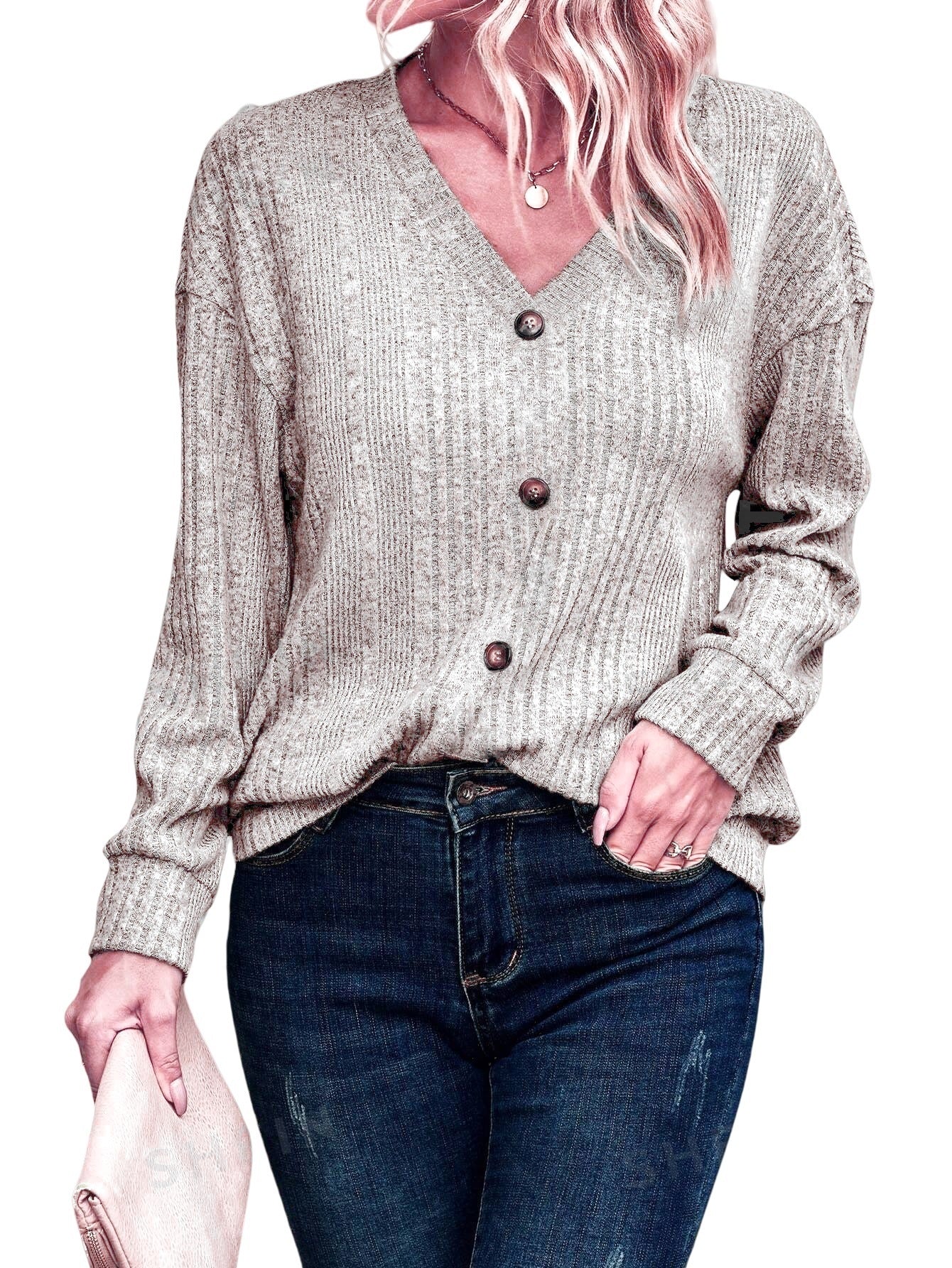Women's Knitted Button Sweater Casual Long Sleeve Loose Top