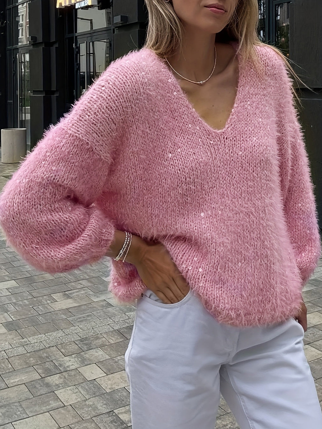 Loose Shiny Pink Women's Sweater