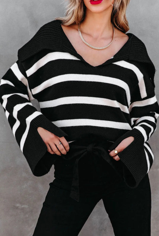 Black Caped V Neck Slit Sleeve Striped Solid Sweater