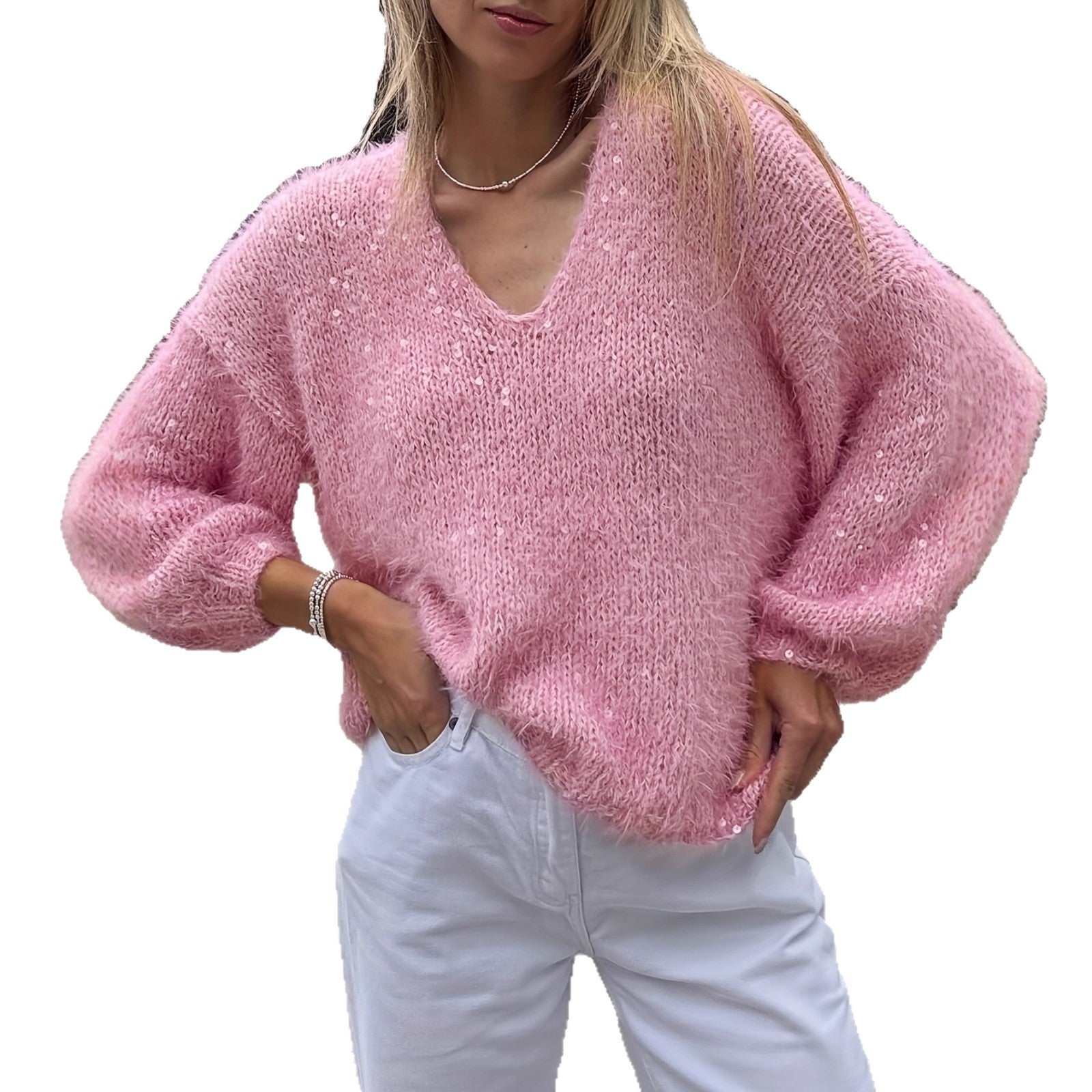 Loose Shiny Pink Women's Sweater