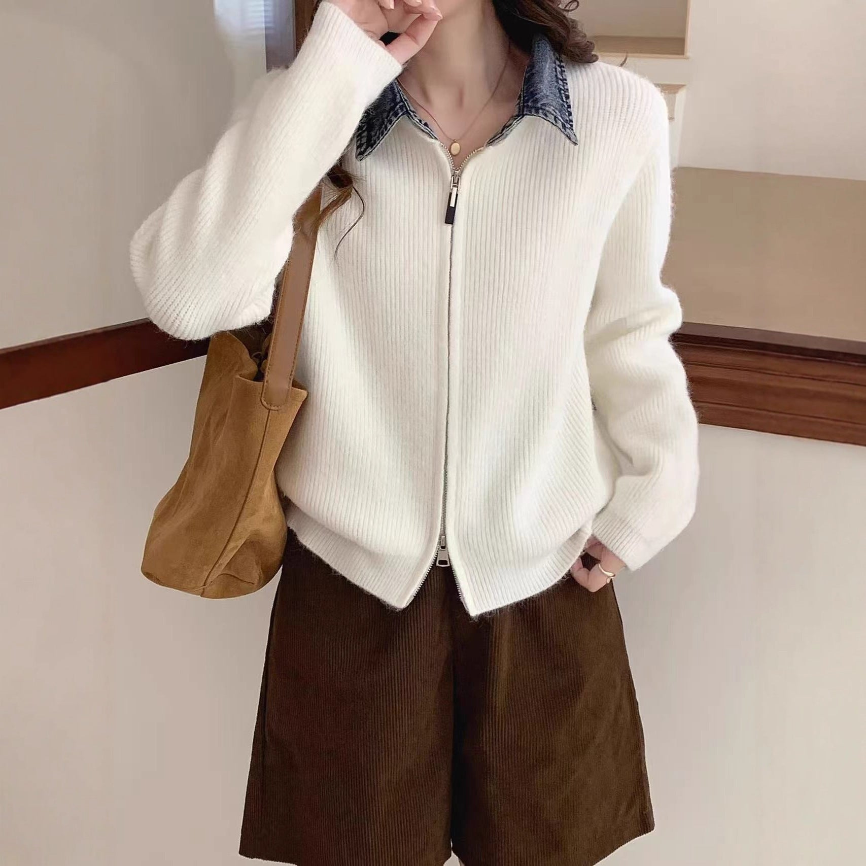 False Two-piece High Quality Denim Patchwork Knitted Sweater