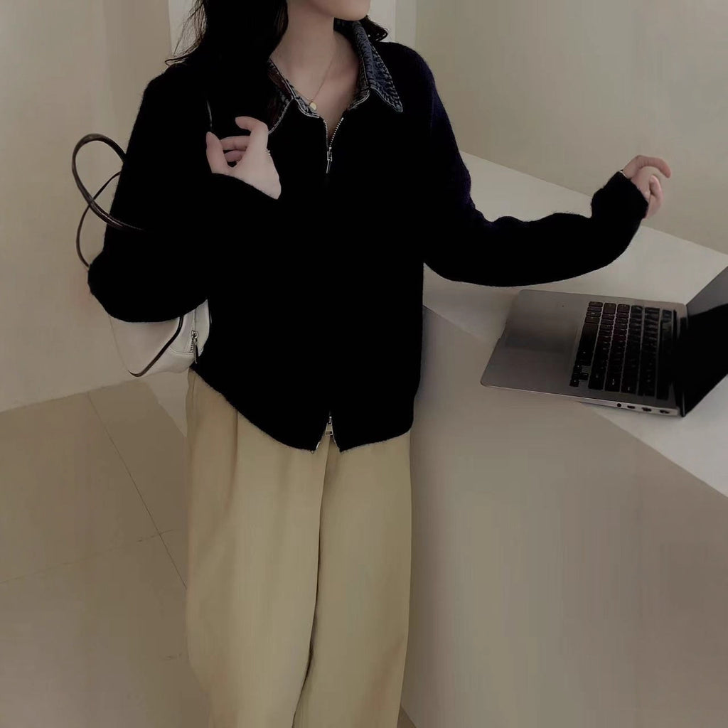 False Two-piece High Quality Denim Patchwork Knitted Sweater