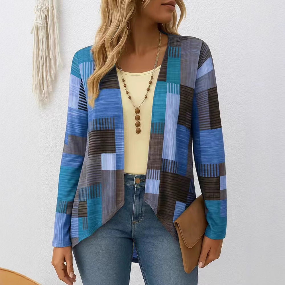 Casual Round Neck Long Sleeve Cardigan Digital Printing Women's Top T-shirt