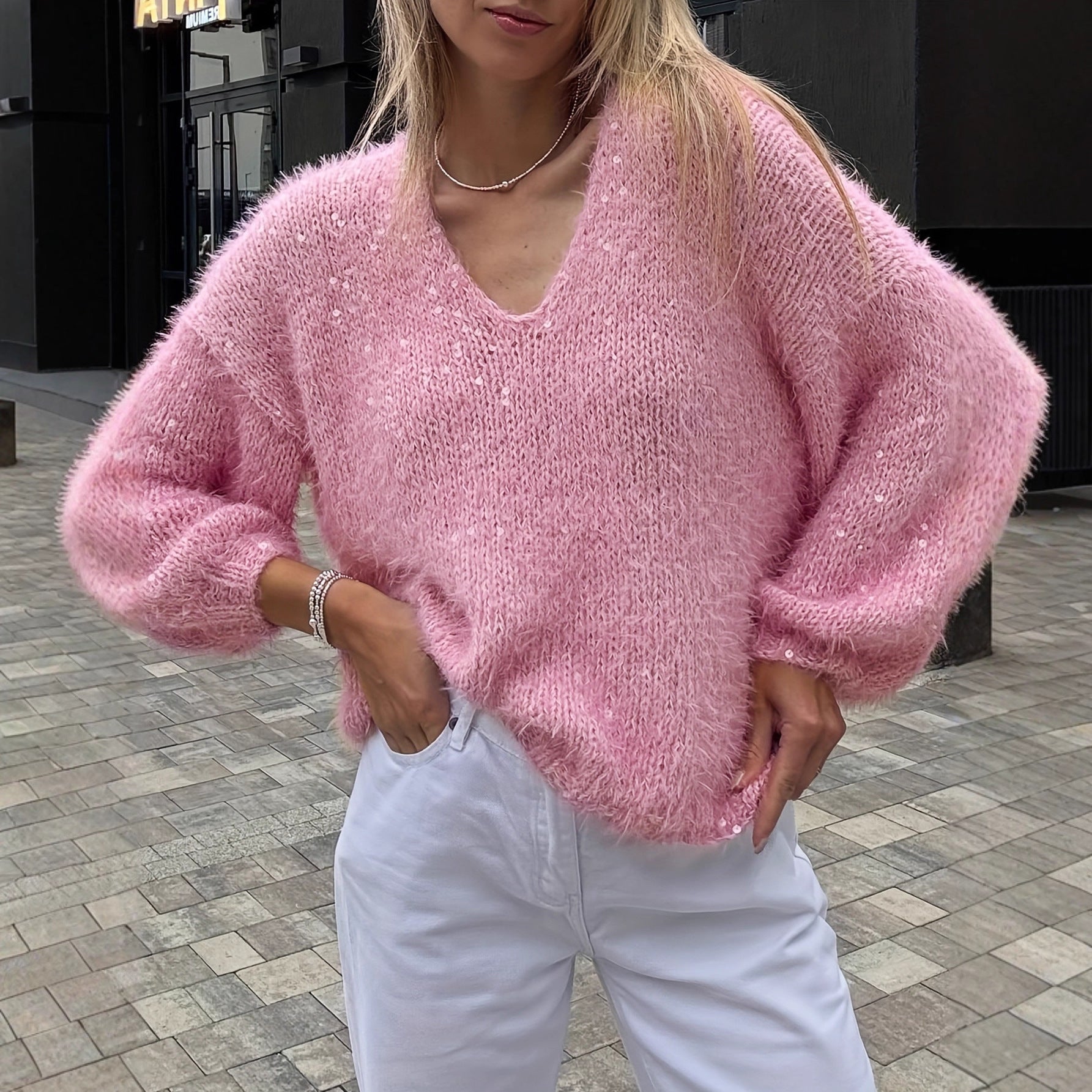 Loose Shiny Pink Women's Sweater
