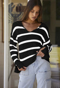 Black Caped V Neck Slit Sleeve Striped Solid Sweater