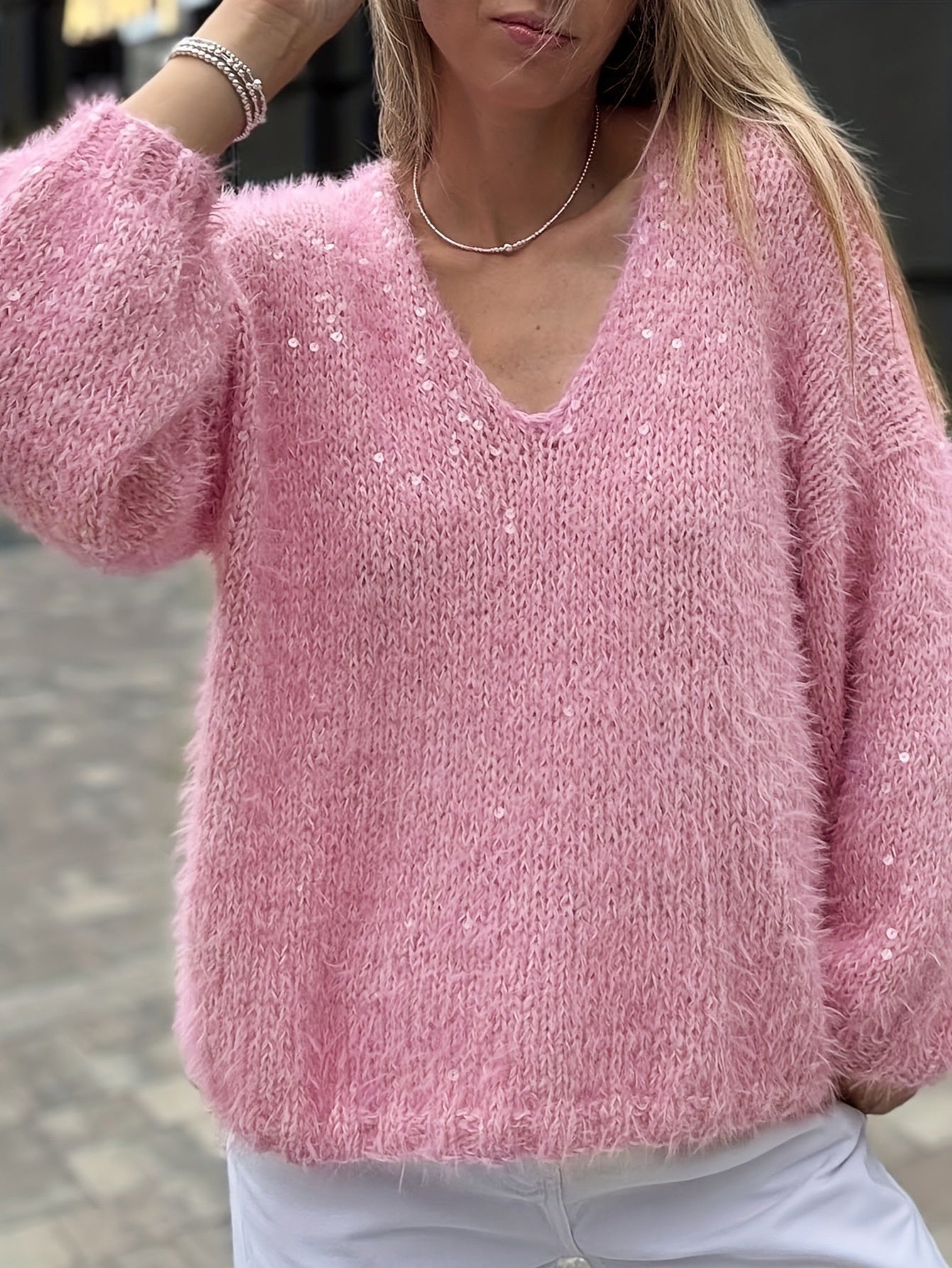 Loose Shiny Pink Women's Sweater