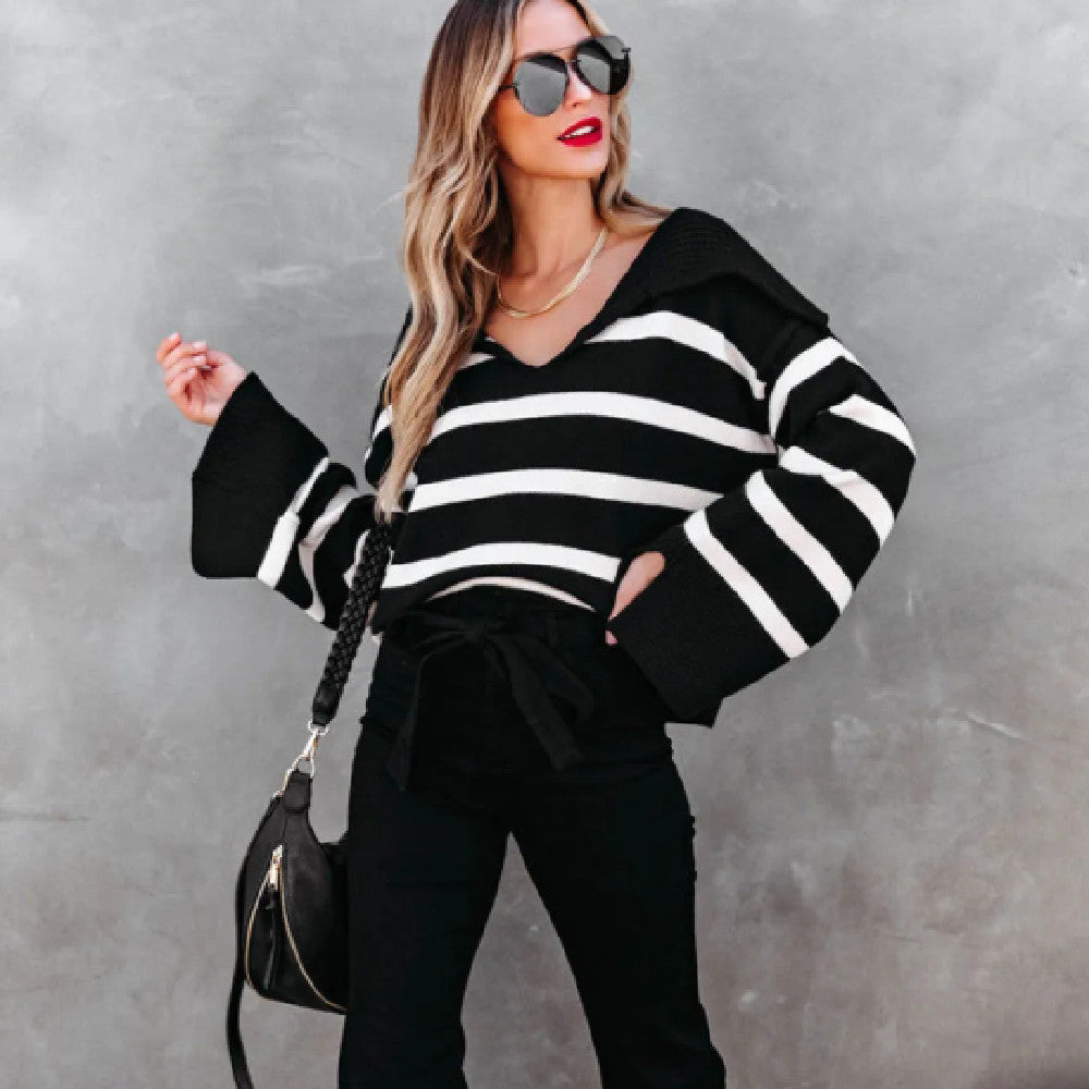 Black Caped V Neck Slit Sleeve Striped Solid Sweater